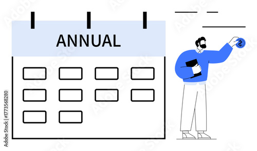 Large annual calendar with grid, man holding document and coin. Ideal for planning, scheduling, finance, goals, organization, budgeting productivity. Simple flat metaphor