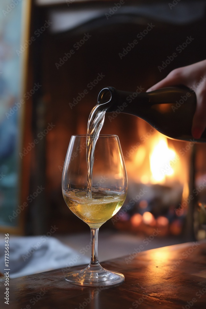 Fototapeta premium Wine pouring into glass by cozy fireplace ambiance with warm glow