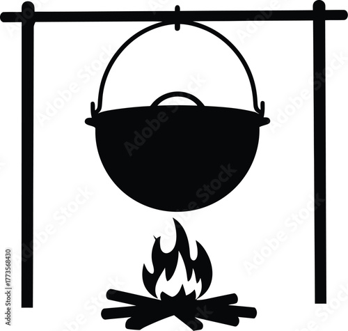 Black silhouette of a cauldron hanging over a campfire illustration