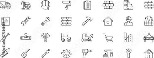 Set of construction and building web icons in line style. Vector illustration of home repair, tools, crane, excavator, contractor, builder, architecture, construction site, mobile app, flat design.
