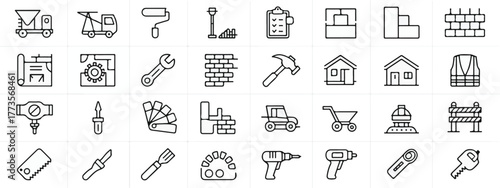 Set of construction and building web icons in line style. Vector illustration of home repair, tools, crane, excavator, contractor, builder, architecture, construction site, mobile app, flat design.