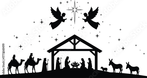 Nativity silhouette illustration, Christmas manger scene, holy family artwork, wise men journey, star of Bethlehem, Christian holiday vector, biblical religious design