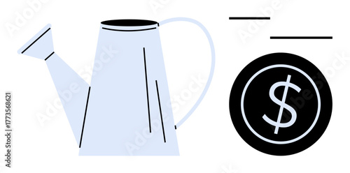 Watering can and large dollar coin symbolizing financial growth, investment, wealth building, prosperity, nurturing success, money management, sustainability. Ideal for finance, savings business