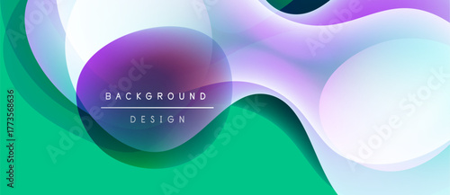 Abstract fluid shapes blend. Purple, green, white hues create dynamic background. Text reads background design. Modern, vibrant composition.