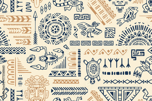 Endless background of ancient ethnic ornament with abstract elements. Repeatable pattern of Aztec signs and symbols, tribal figures of animals and geometric forms. Flat seamless vector illustration