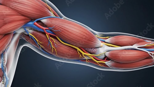 Anatomical illustration of arm muscles tendons arteries veins and nerves educational and medical visuals