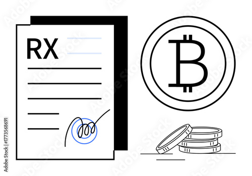 Prescription document with signature alongside Bitcoin symbol and stacked coins. Ideal for healthcare, fintech, blockchain, cryptocurrency, digital payment, decentralized finance, modern economy