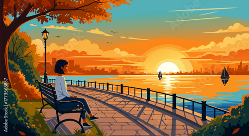 A serene autumn landscape illustration showing a woman on a park bench enjoying the peaceful golden sunset over the tranquil water