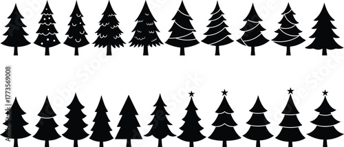 Pine tree silhouette, evergreen forest collection, decorative woodland vector, rustic holiday artwork, winter nature design, black graphic set, seasonal tree illustration