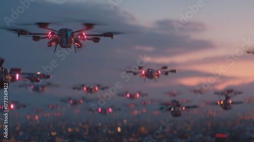 Futuristic Drone Swarm Over Cityscape at Dusk - Technology of Tomorrow