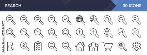 Set of search web line icons. Magnifying glass linear icons for SEO, digital marketing, analytics, data management, search, investigation. Editable stroke, modern minimal style.