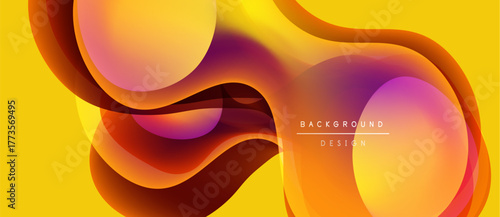 Abstract fluid shapes, vibrant colors blend. Yellow backdrop emphasizes flowing forms, modern design element.