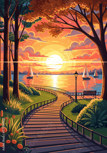 Scenic park pathway leading to a tranquil waterfront with sailboats at sunset, vibrant orange and yellow sky