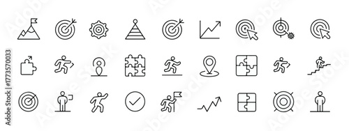 Set of target and goal web icons, line style, including achievement, success, aim, crosshair, arrow, shoot, mission, objective, editable stroke, linear icon collection.