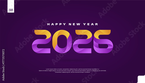 Happy New Year 2026 Gradient Typography Banner in Vibrant Purple and Orange Colors