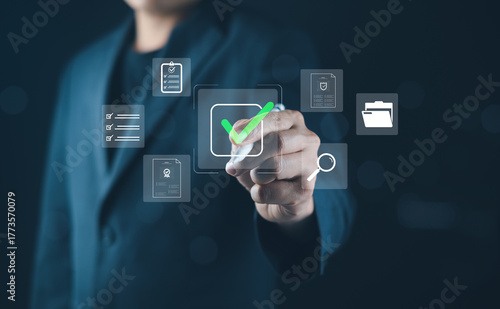 Checklist approved documents policy with business professional interacting with virtual interface to verify digital tasks, forms, and workflow compliance.