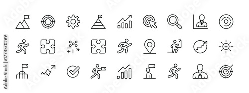 Set of target and goal web icons, line style, including achievement, success, aim, crosshair, arrow, shoot, mission, objective, editable stroke, linear icon collection.