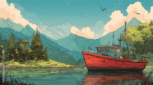 digital illustration of a fishing boat anchored on the shore