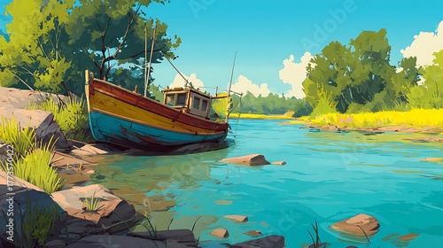 digital illustration of a fishing boat anchored on the shore
