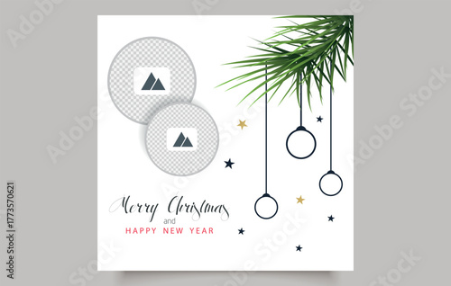 Christmas email banner. Elegant vector Christmas and New Year greeting card template with minimalist design. Includes photo frames, green pine branches, hanging ornaments, and decorative stars.