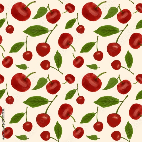 Seamless Red Cherry and Leaf Pattern on Cream Beige Background