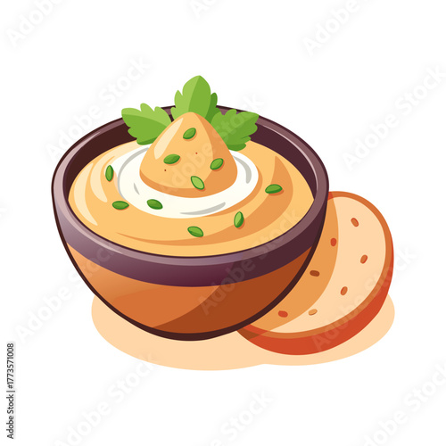 Bowl of Delicious Dip: A vibrant and inviting image of a bowl filled with creamy dip, garnished with fresh herbs, and accompanied by slices of bread. It's a culinary masterpiece ready to be savored.