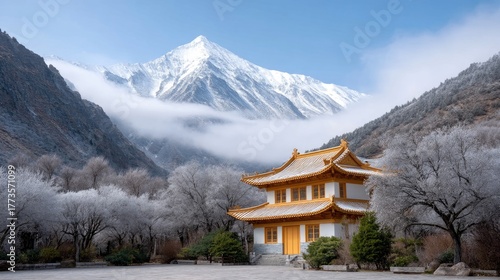 Wallpaper Mural Traditional Golden Temple Roof Amidst Snow Laden Trees and Majestic Snowy Mountains Under a Clear Sky Torontodigital.ca