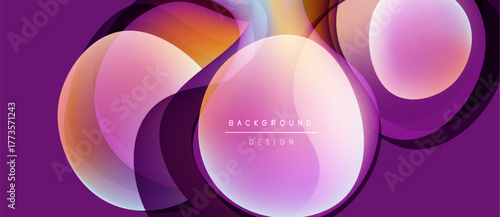 Abstract circles overlap, creating vibrant gradients. Purple background enhances dynamic visual composition. Modern design element.