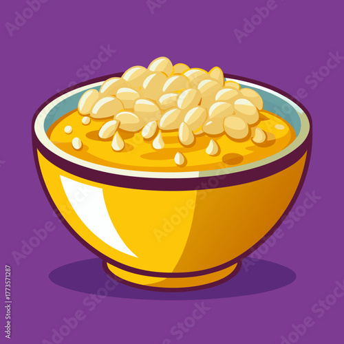 Grains in a Bowl: A vibrant bowl, filled with a hearty and appealing golden soup, adorned with a generous serving of plump grains, showcasing a culinary delight.