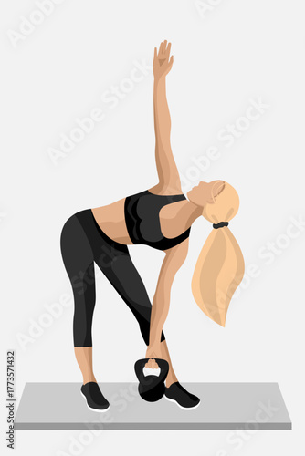 A woman performs a stretching exercise with a kettlebell, showcasing her fitness routine and dedication to health in a sleek workout environment.