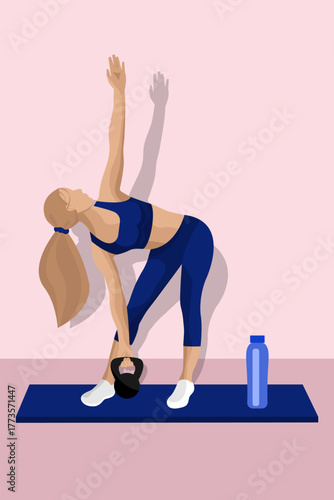 A faceless fitness woman performs a kettlebell stretch on a yoga mat in a bright, home workout space.