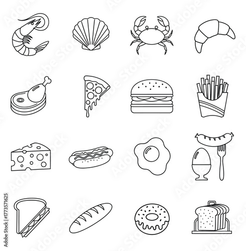 A grid of simple black and white line drawings representing various popular food items and ingredients.