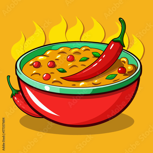 Spicy Delights: A vibrant and appetizing illustration of a fiery chili served in a decorative bowl, topped with a luscious red chili. The image evokes a sense of flavor, heat, and culinary passion.