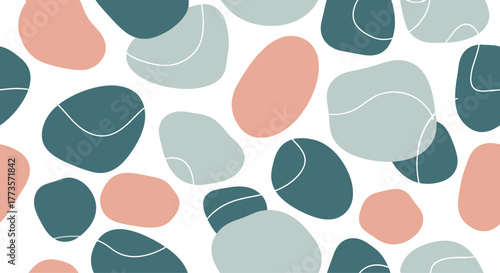 A seamless pattern of abstract, rounded organic shapes in muted teal, dusty rose, and light gray with thin white outlines.