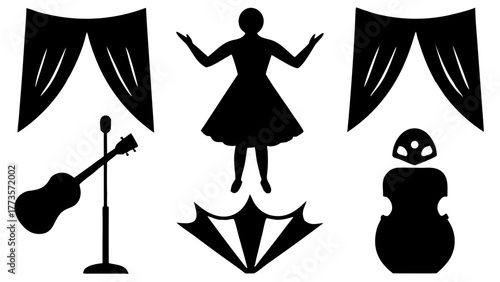 Silhouette of a stage performance with curtains and musical instruments shown
