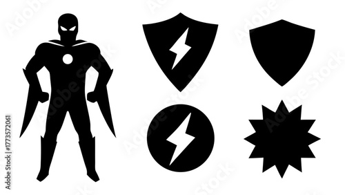 Superhero silhouette with shields and lightning bolts on a white background