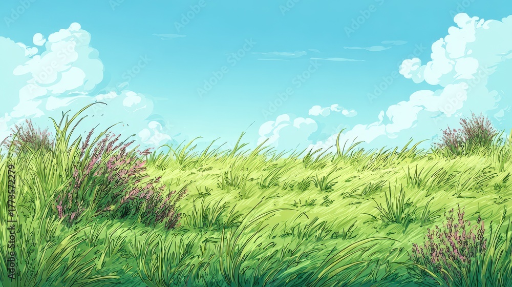 Obraz premium Cartoon Grassy Field. Illustration of a Vibrant Meadow with Lush Greenery