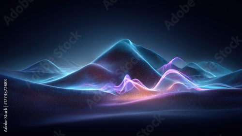 Futuristic neon holographic landscape featuring vibrant waves and peaks, creating mesmerizing visual experience that evokes sense of wonder and exploration