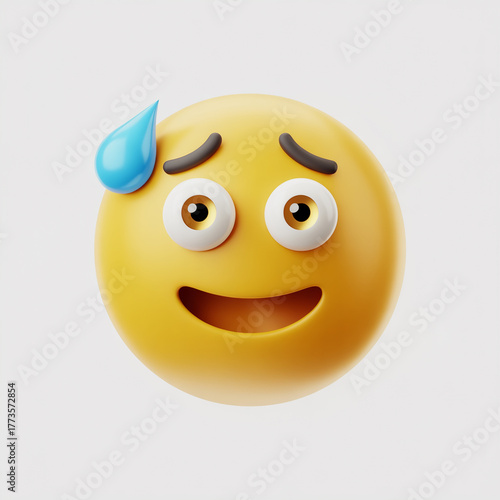 Sweating emoji face 3d render isolated on white background depicting nervousness, anxiety, stress, or awkward feeling.