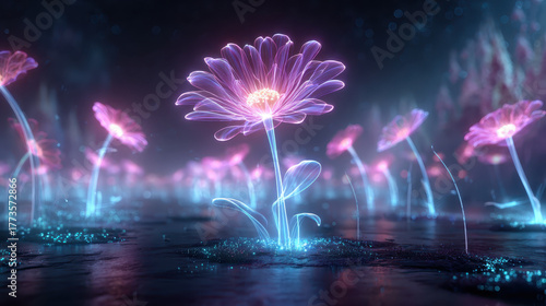 Futuristic neon holographic flower field with glowing petals and vibrant colors creates mesmerizing atmosphere. ethereal beauty of flowers captivates viewer imagination