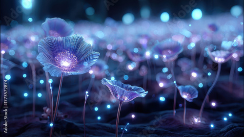 Futuristic neon holographic flower field with glowing petals and vibrant colors creates mesmerizing atmosphere. enchanting scene evokes sense of wonder and tranquility