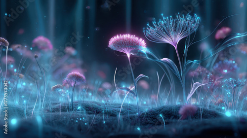 Futuristic neon holographic meadow filled with vibrant, glowing flowers and ethereal plants creates mesmerizing atmosphere. scene evokes sense of wonder and tranquility, inviting exploration