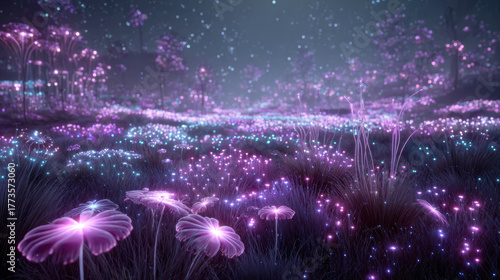 Vibrant, futuristic meadow filled with glowing flowers and shimmering lights creates magical atmosphere. landscape features blend of purple and blue hues, evoking sense of wonder and tranquility