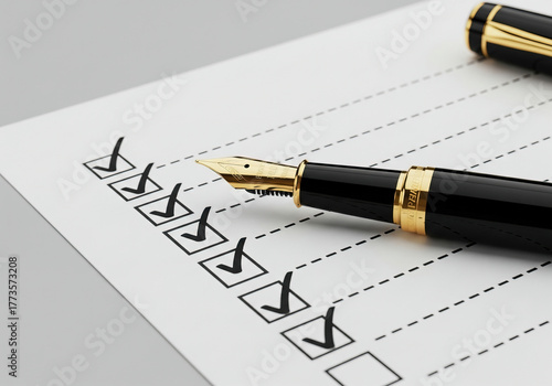 A gold-tipped, stylish black fountain pen that checks off a checklist. The concept of completion and task.