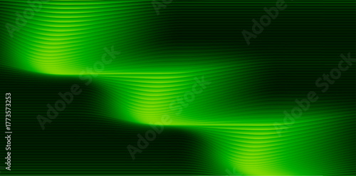 Abstract green light waves cascade down a dark background, creating a dynamic and modern design