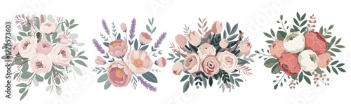 Four watercolor floral arrangements featuring pink and white peonies with green foliage on black background