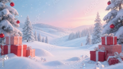 Snowy winter valley with christmas gifts and pine trees at sunrise