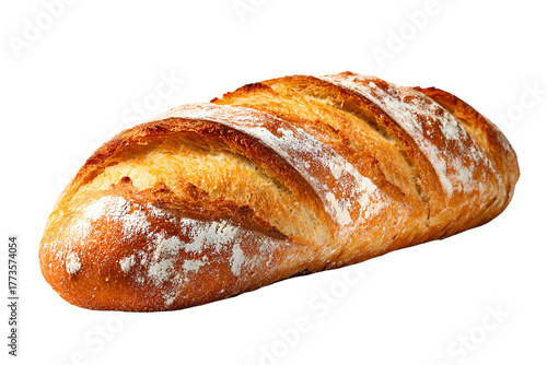 Artisan sourdough bread loaf with golden crust and flour dusting on black background