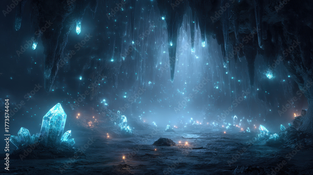 Obraz premium Surreal glowing cave features luminous crystals illuminating dark surroundings, creating magical atmosphere filled with shimmering lights and reflections