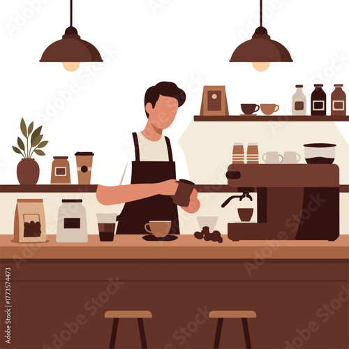 Illustration of a barista preparing coffee at a wooden counter in a modern cafe with pendant lights and coffee beans.
